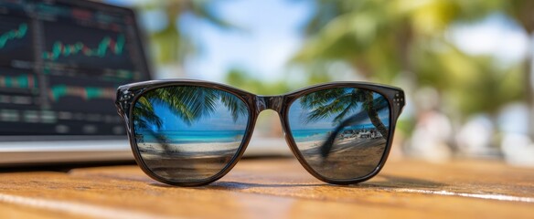 The Sunglasses Reflecting Tropical Beach, Palm Trees, and Laptop Stock Charts
