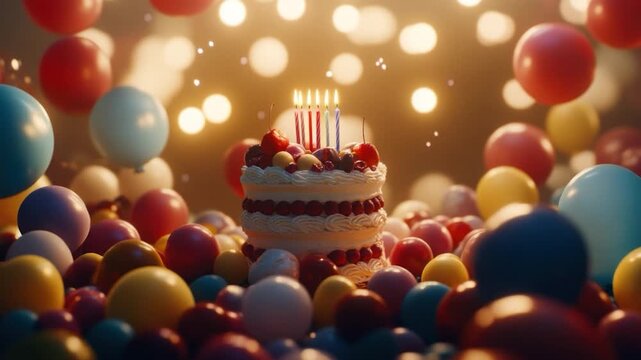 A layered cake with candles and cherries sits amidst a sea of colorful balloons under soft lighting
