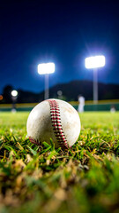 Baseball on green grass at night with field lights