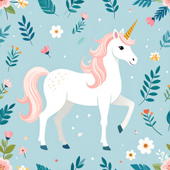 White unicorn with pink mane and gold horn, against a light blue floral background