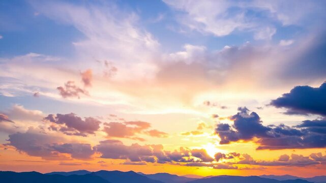 Vibrant sunset over rolling hills with dramatic clouds painted in orange and blue hues
