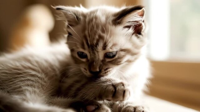 tight close up shot of fluffy kitten sitting comfortably cleaning paws with slow repeated licking motion soft velvety fur texture beige and cream colors bright glossy eyes blinking softly tiny nose wh