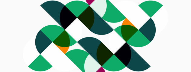 Fototapeta na wymiar Abstract pattern features overlapping semicircles. Green, teal, orange, pink hues create dynamic composition on white background. Modern design.