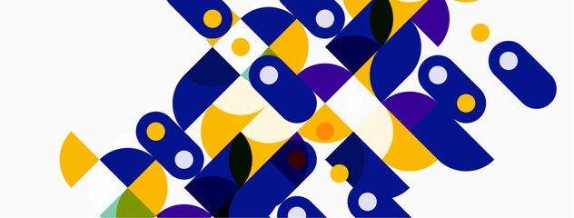 Obraz premium Abstract geometric shapes overlap, creating vibrant patterns. Yellow, purple, navy dominate composition. Modern design elements present.