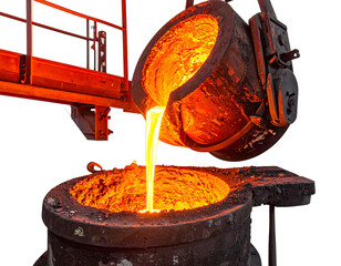 Molten metal pours from a crucible, orange glow, into a lower receptacle, industrial setting, bright and powerful