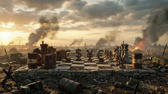 The War-Finance Domino Effect concept. A dramatic chessboard symbolizes economic warfare amidst destruction and chaos, representing power struggles in an intense landscape.