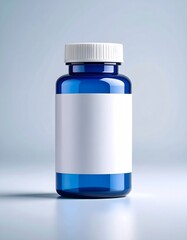 Fototapeta premium Blue Medicine Bottle with Blank Label on a Light Blue Background