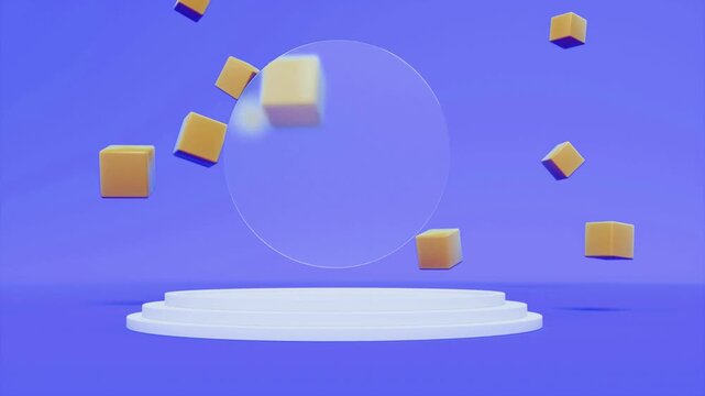 Floating Cubes and Transparent Circle on Blue Background