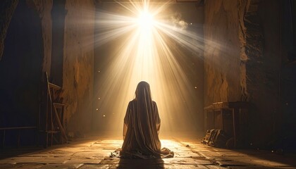 Fototapeta premium Beautiful hyper-realistic painterly portrait of a young humble Judean woman, softly lit with emotional depth and historical atmosphere. Semi-realistic scene emphasizing grace and quiet dignity.