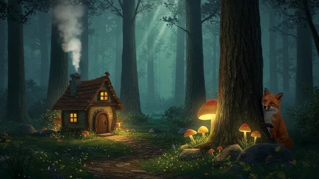 Whimsical Forest Scene with Cottage Pixelated Animation Fox Mushrooms and Glowing Light With A Dark Forest And Smoke In The Background