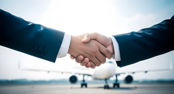 Professional business partnership handshake against a backdrop of a commercial airplane
