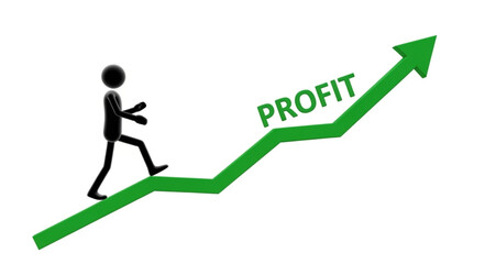 Stick figure climbing upward green arrow graph labeled profit.