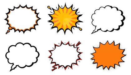 A set of colorful comic book style speech bubbles on transparent background