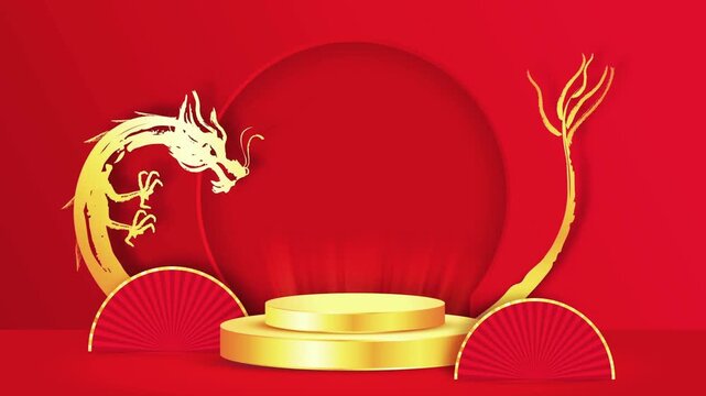 Golden dragon and fans on red podium for Chinese New Year
