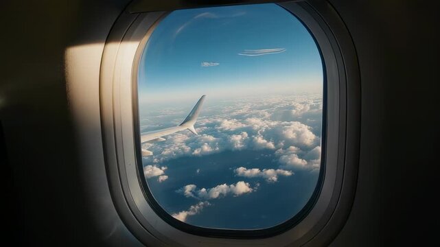Aerial view from an airplane window, showing wing, clouds, blue sky, and vapor trails