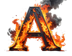 Burning letter 'A' encircled by vibrant flames and plumes of dark smoke
