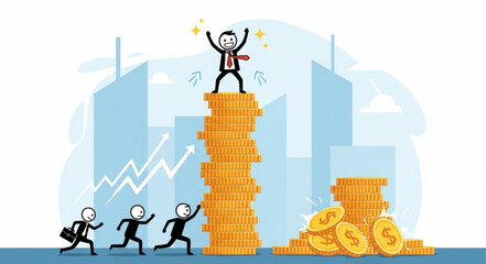 Successful businessman celebrates on top of stack of coins.