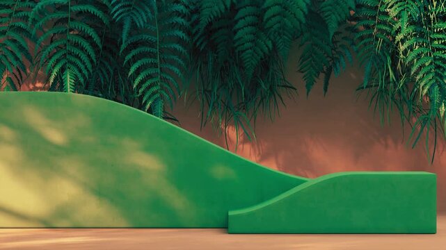 Green Curved Platform With Ferns And Orange Wall display