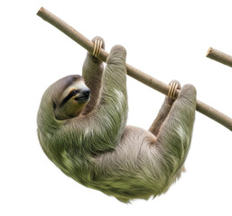 Fototapeta premium Sloth hanging from tree branch rainforest wildlife isolated on transparent background