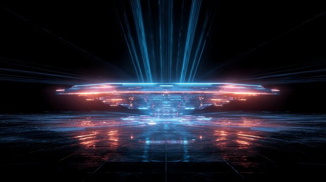 Futuristic platform with vibrant blue and red neon lights reflecting on a sleek surface in a dark room