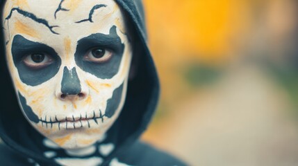 Boy with skeleton face paint walking in a garden during Halloween season