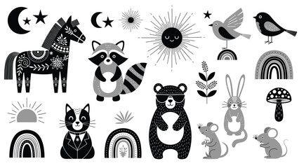 Set of various black and white folk art style animals and nature elements including horse bear raccoon and birds. © Luther