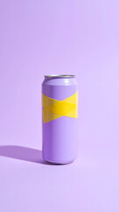 Purple can with yellow accent on lavender background. Shadow cast to left. Minimalist composition