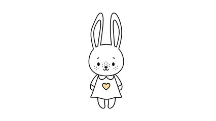 Obraz premium Sweet little bunny character wearing a simple white dress with a heart motif on a clean white background.