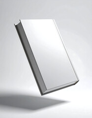Upright, isolated, blank white book cover with grey spine, casting a soft shadow on a light background