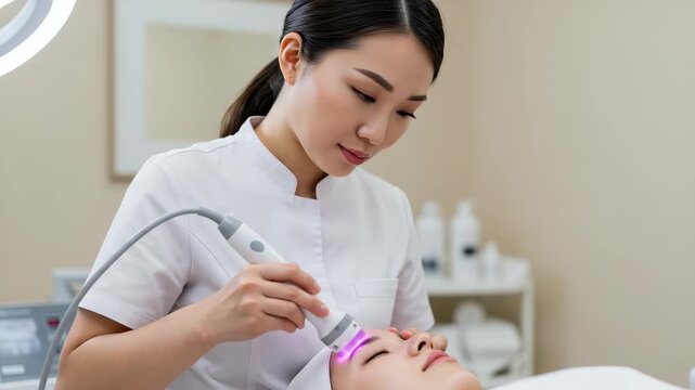 Close Up of Woman Receiving Red Light Facial Treatment from Aesthetician in White Uniform in Clinic with Beige Walls For Adobe Stock