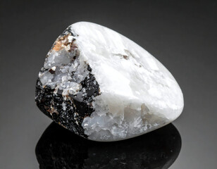 Polished mineral with white, black, and brownish-orange coloring, studio shot