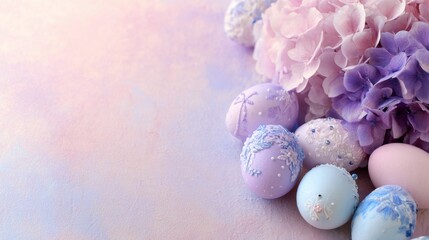 Obraz premium Colorful decorated eggs and flowers on soft background for spring season
