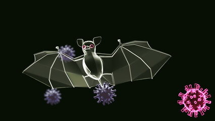 bat and virus spore flying on dark background 3D rendering
