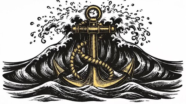A golden anchor surrounded by dark swirling waves, with rope entwined, creating a nautical emblem