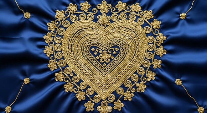 Intricate Zardozi gold thread embroidered heart motif on royal blue silk fabric
