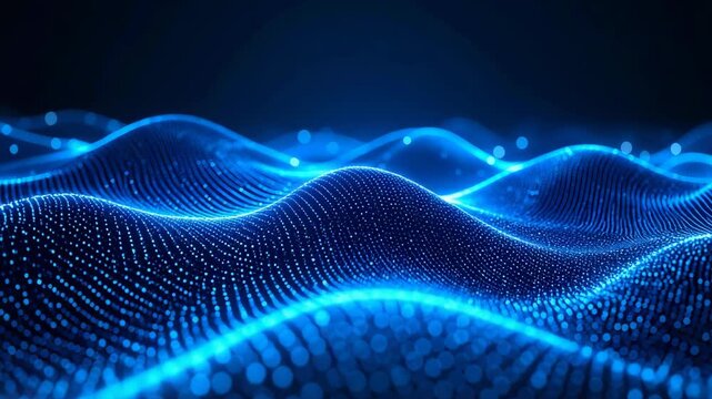 Abstract blue glowing digital network of particles forming wave shapes on a dark background