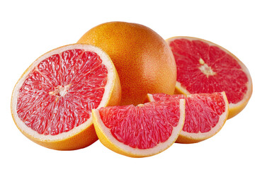 Fresh ruby red grapefruits and slices isolated on transparent background. Whole and sliced grapefruits, vibrant red flesh isolated on white background.