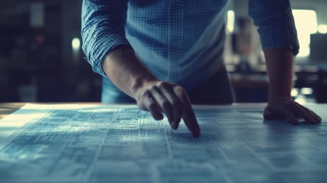 A person with arms and hands on a table over a detailed blueprint, reviewing the plans