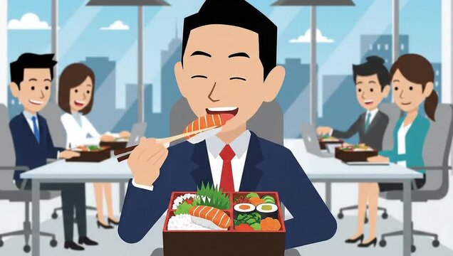 Office Lunch Break - Cartoon Characters Enjoying Bento Boxes.