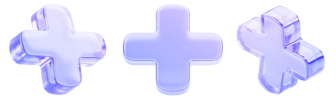 3d set of holographic glass cross symbols. Health icons with purple blue gradient for medical app, healthcare website, hospital or pharmacy design. Math plus sign, addition operation