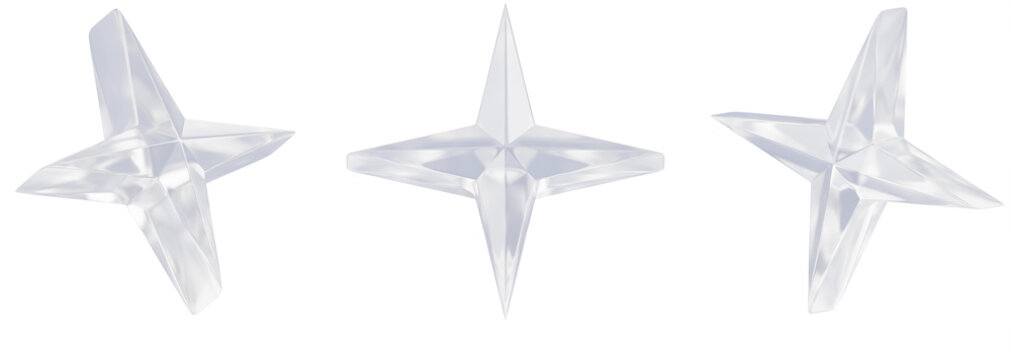 3d crystal glass sparkling star icon in different angles. Luminous celestial body on blue background. White plastic Christmas decoration. Shine from detergent, isolated design element
