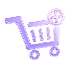 3d glass holographic add to cart line icon render. Shop trolley with circle plus sign and purple pink gradient for website, mobile app, ui design. Online shopping, buy push button © marozhkastudio