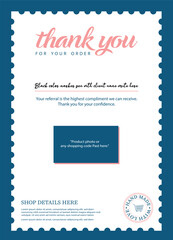 Obraz premium Modern business thank you for your order card template with blue scalloped border and handwritten script