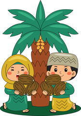 Children Holding Dates Under Palm Tree Vector Illustration