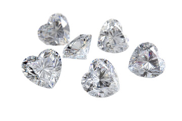 Seven clear heart shaped diamonds isolated on transparent background. Heart shaped diamonds sparkling luxury gemstones collection isolated on white background.