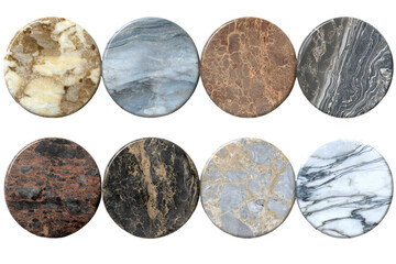 Collection of eight oval polished marble isolated on transparent background. Collection of eight natural marble textures in circles isolated on white background.