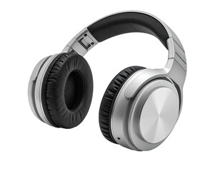 Silver headphones with black earpads, against a dark background