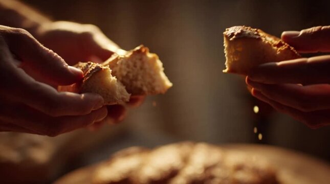 Two hands holding broken bread pieces close-up in warm indoor lighting with crumbs falling