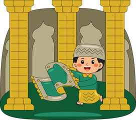 Boy Unrolling Prayer Rug in Mosque Vector Illustration