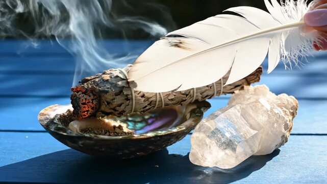 Shell with burning sage, quartz crystal and feather